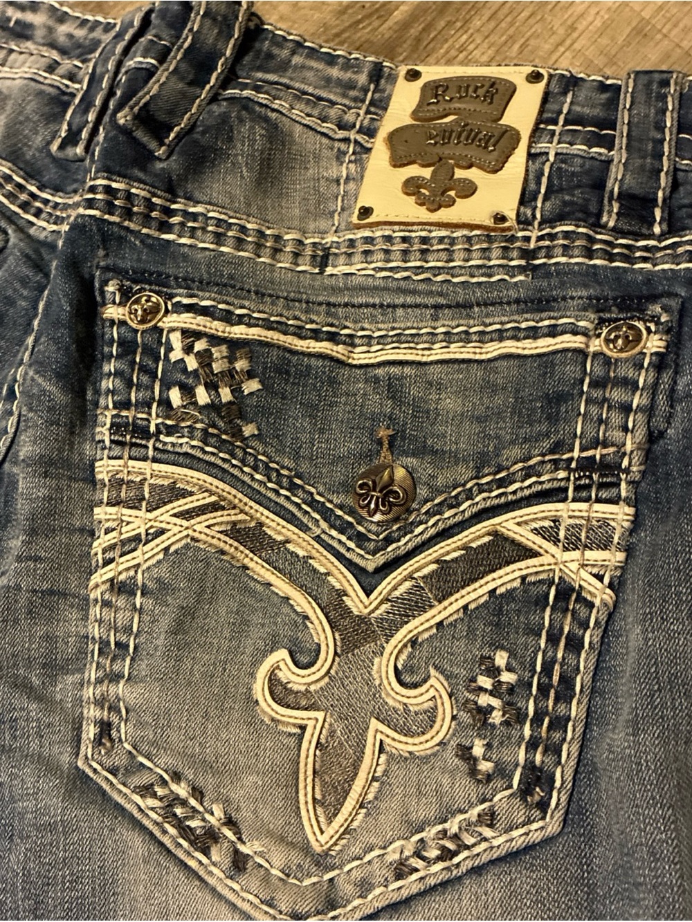 Vintage Rock Revival Jeans Men’s Blue Cotton Straight Distressed Flap SZ 42 - Picture 11 of 16